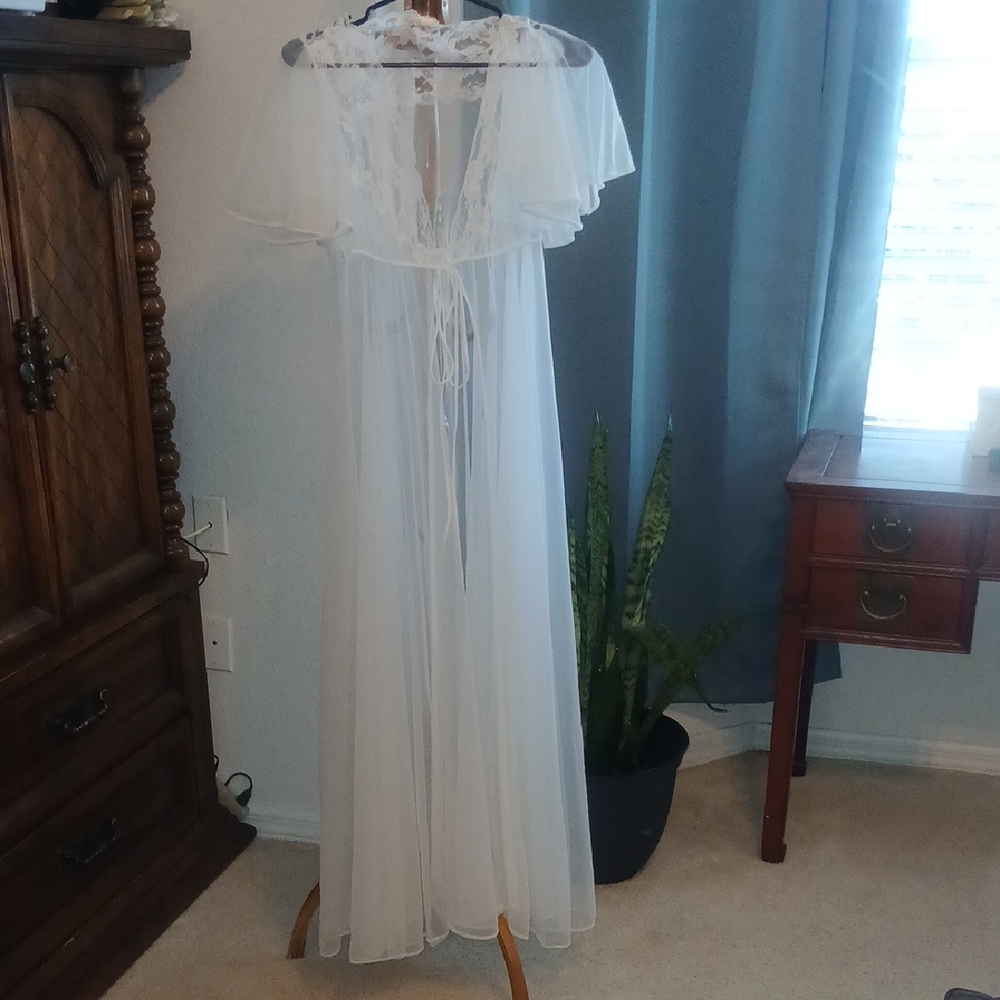 White Sheer Lace-Trim Long Robe for Women